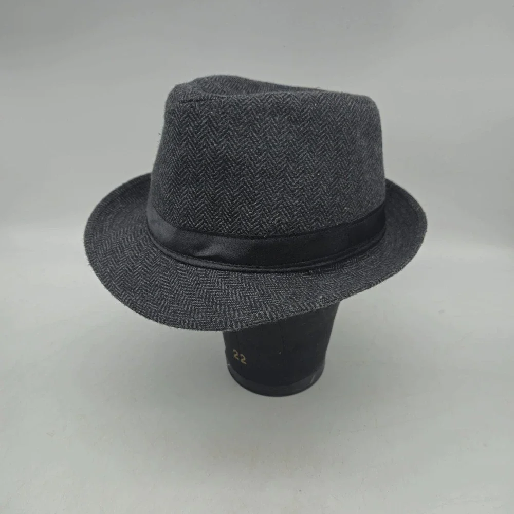 Hipster Fedora Hat Mens Small Medium Gray Polyester‎ Herringbone Black Band